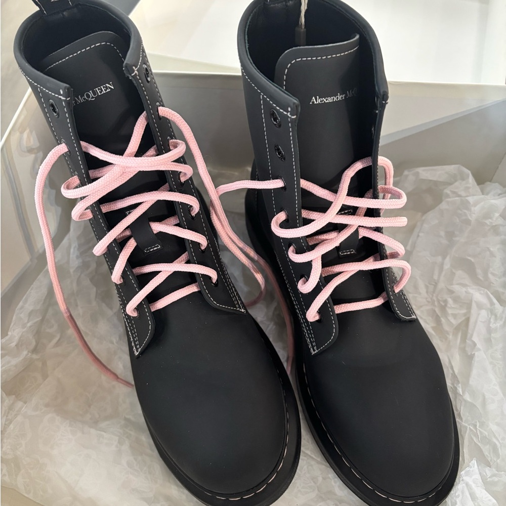 Alexander McQueen Black Leather Boots with Pink Laces, New in Box